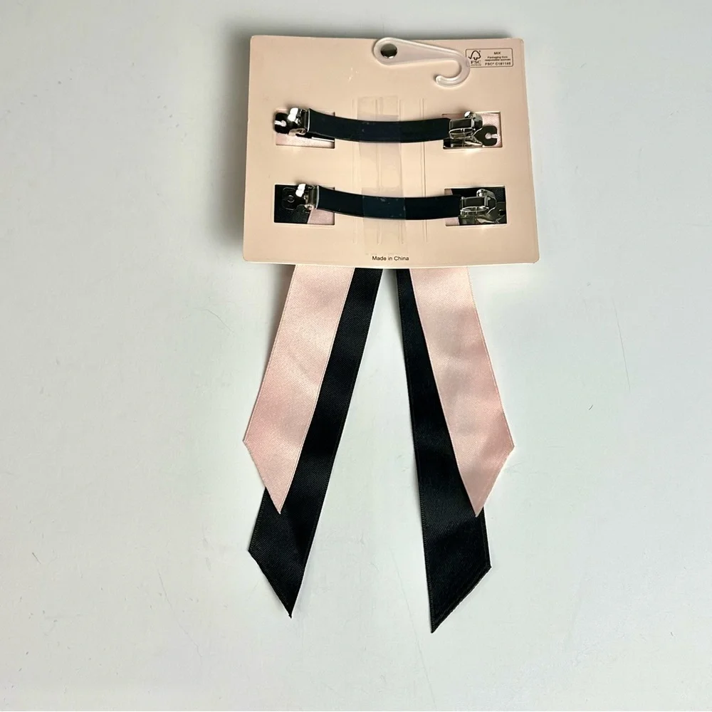 Sincerely Jules Set of 2 Rhinestone & Satin Hair Bows  Black & Pink. NEW
